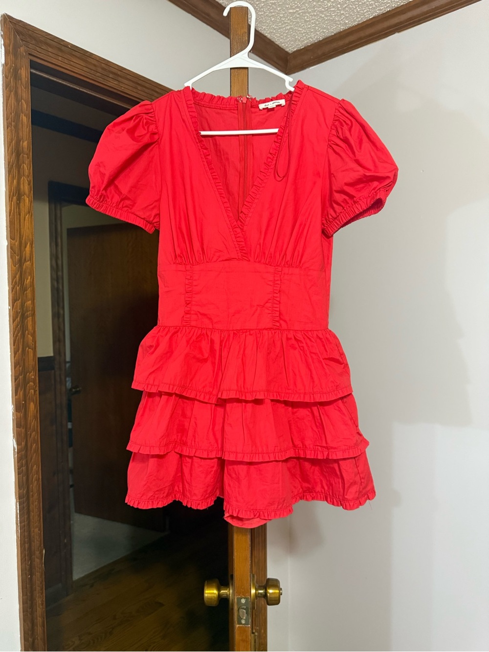 Girls Red Tiered Ruffle Dress -  Puff Sleeve V-Neck